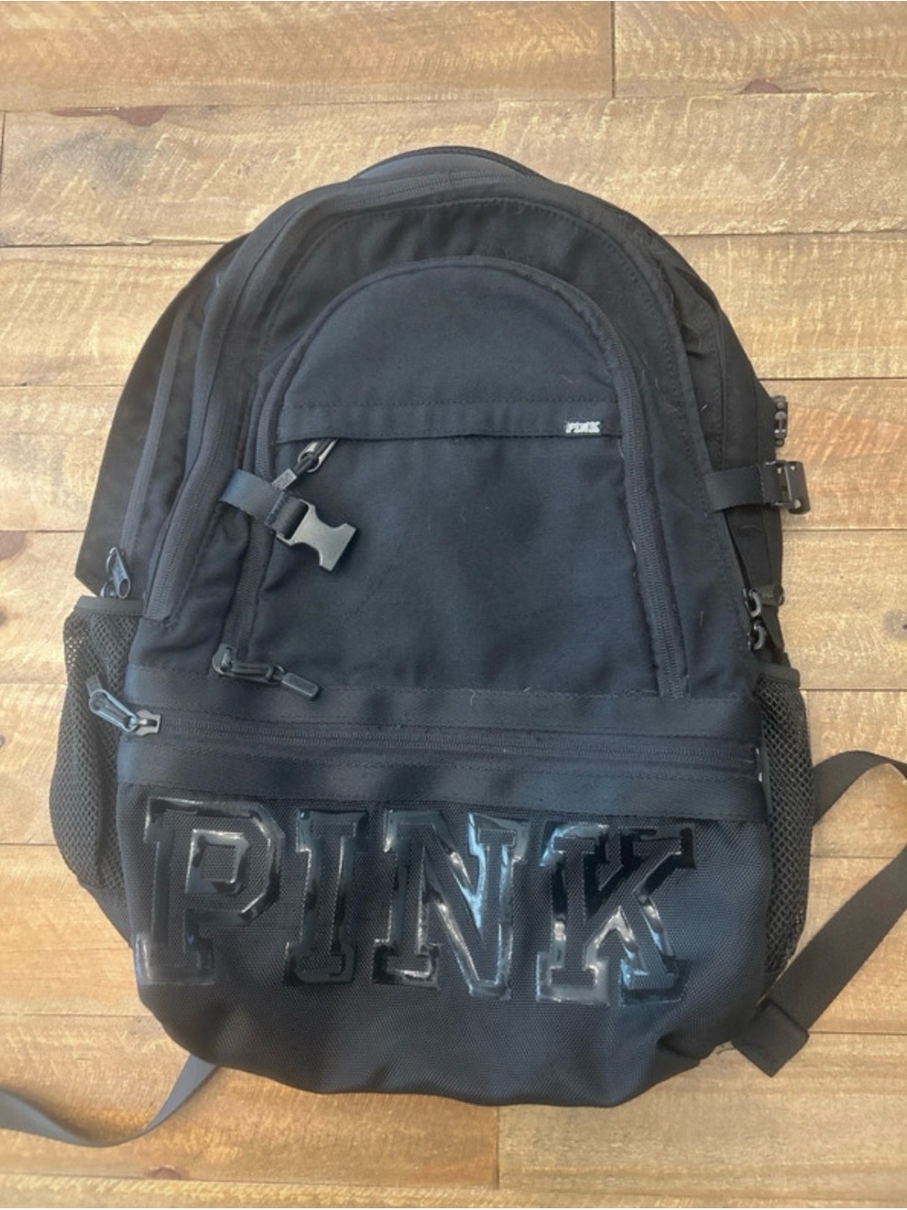 Victoria's Secret PINK Black Logo Backpack Colligate 5 Outside Zippered Comp